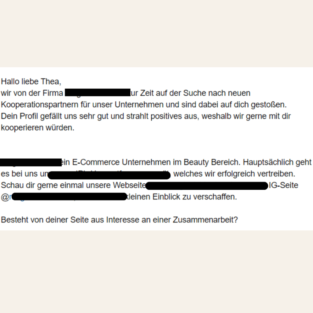 Beispiel Influencer Anfragen per Instagram Nachricht, theatritralisch